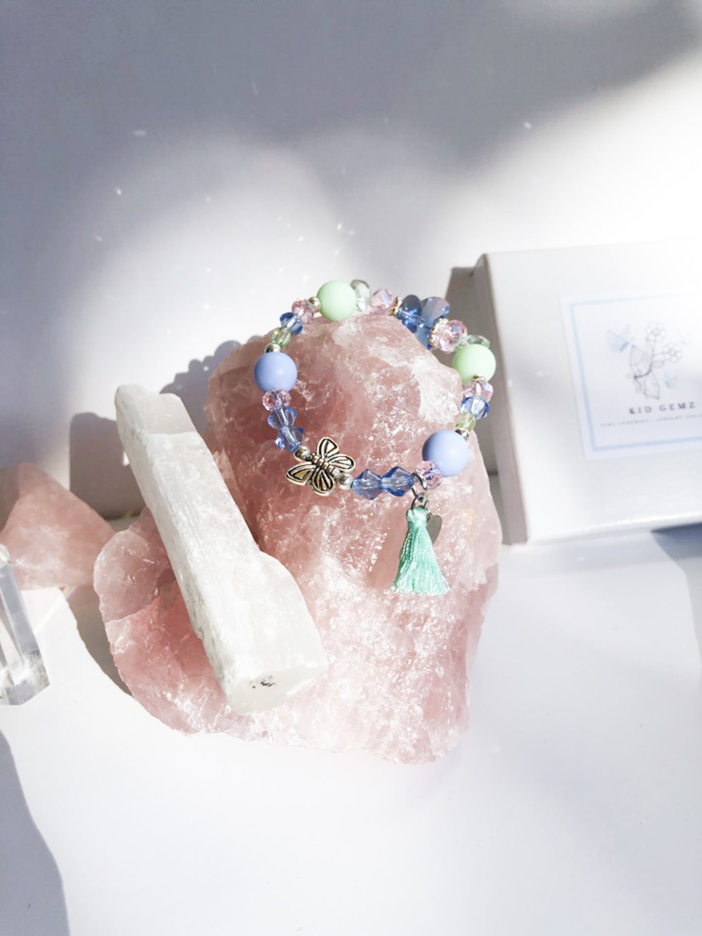 Crystal Butterfly Charm Bracelet - Mint Green Tassel