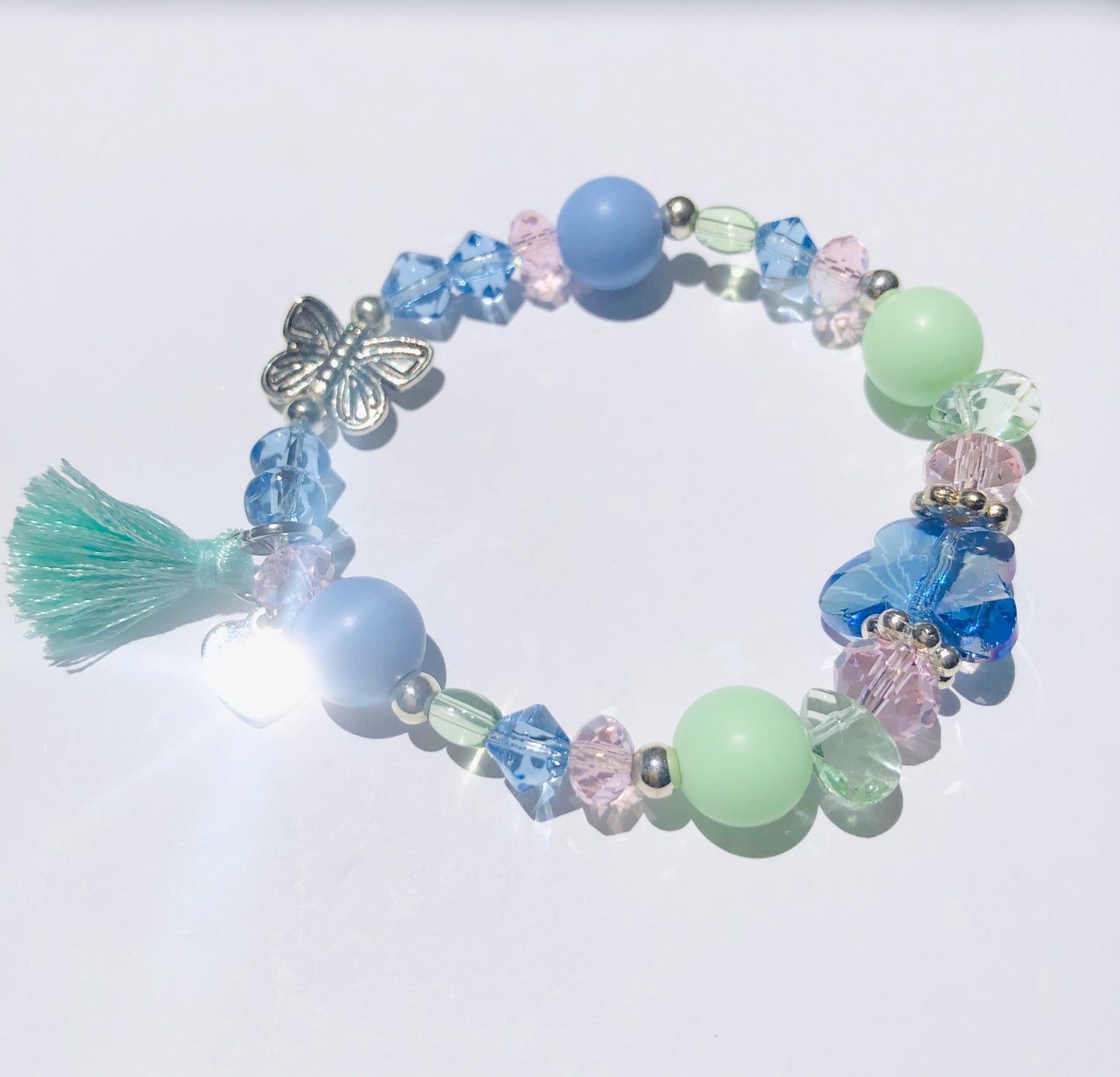 Crystal Butterfly Charm Bracelet - Mint Green Tassel