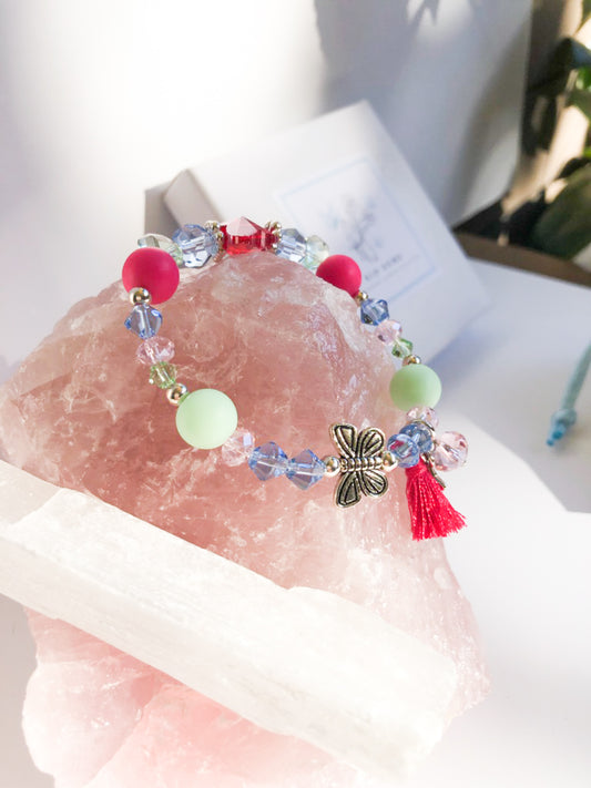 Crystal Butterfly Charm Bracelet - Bright Pink Tassel