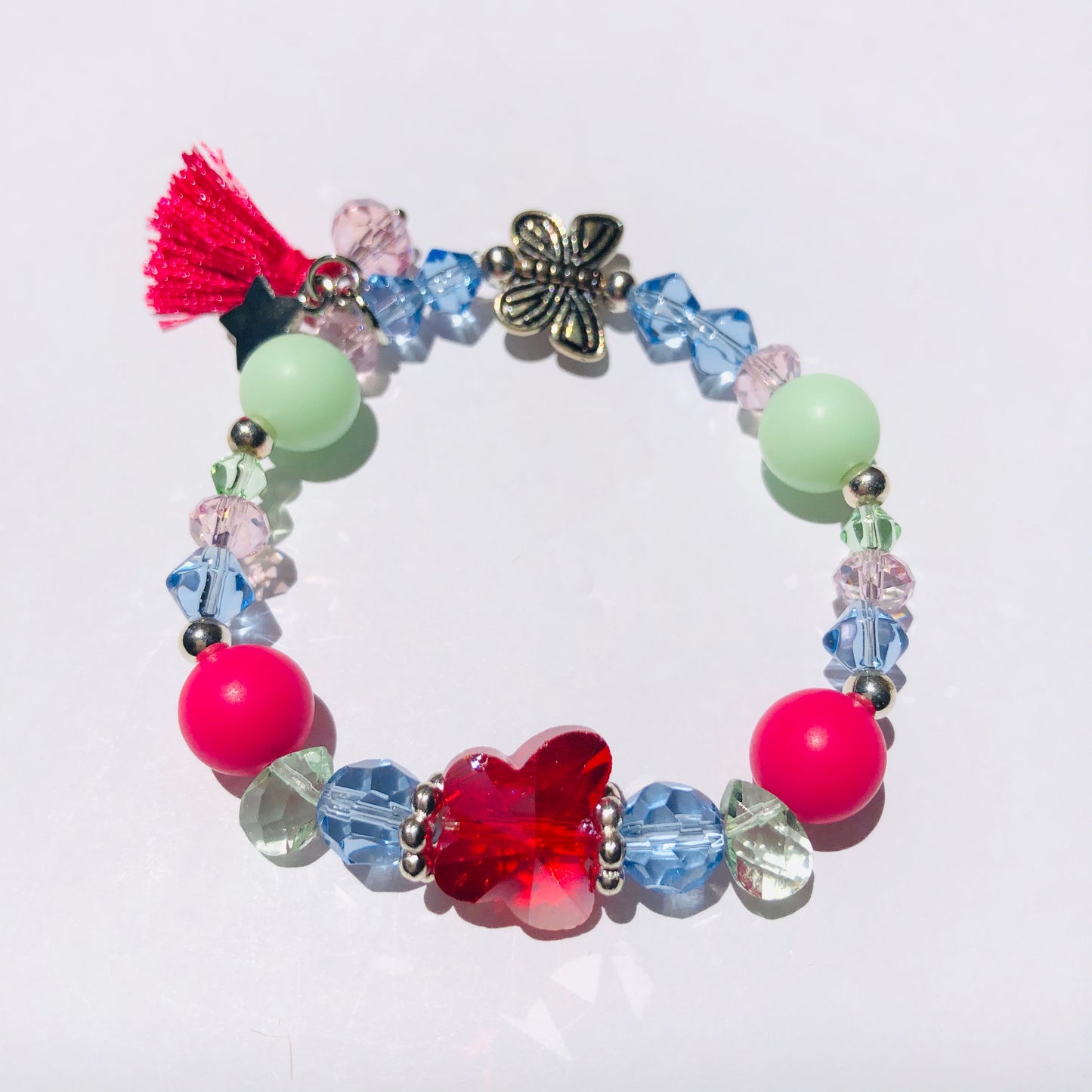 Crystal Butterfly Charm Bracelet - Bright Pink Tassel