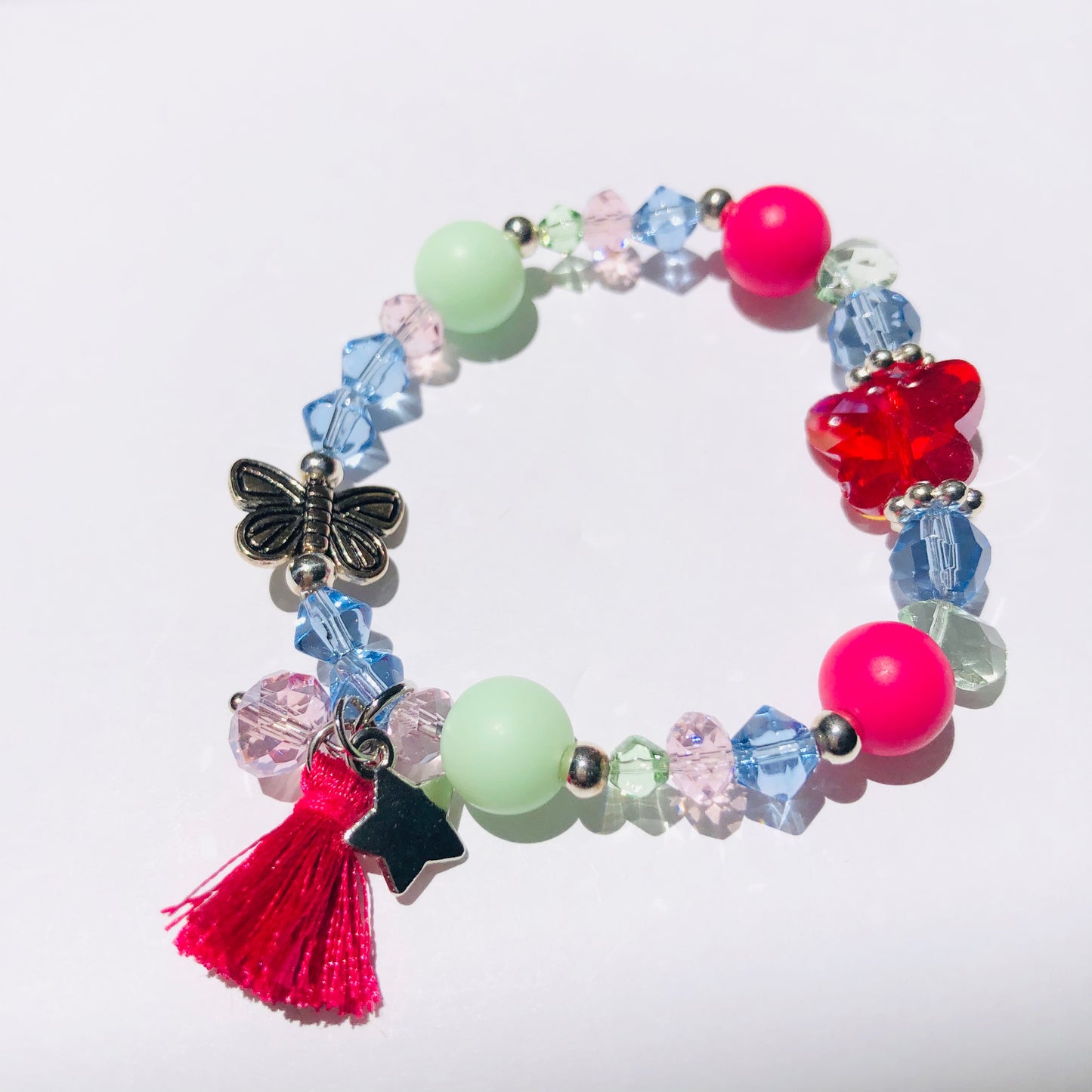 Crystal Butterfly Charm Bracelet - Bright Pink Tassel